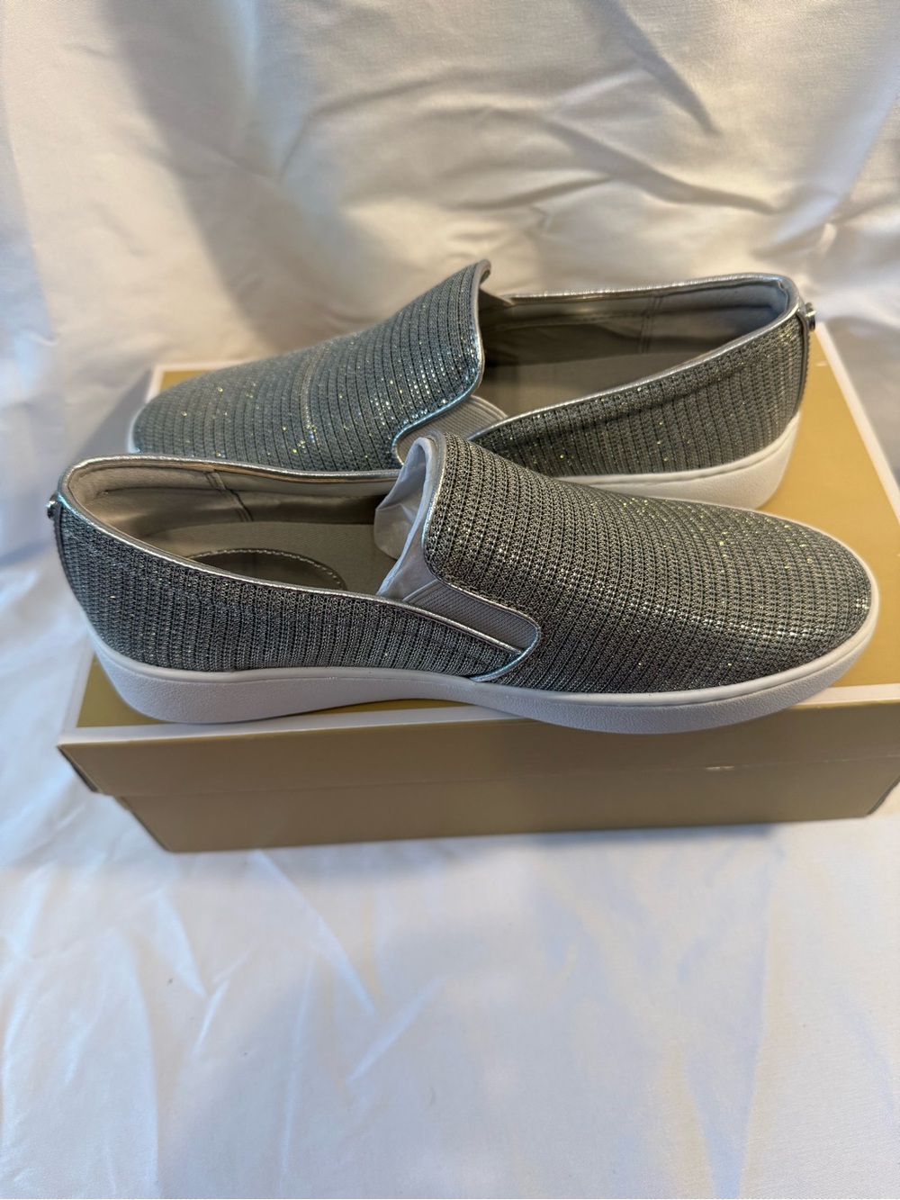 Michael Kors women's Slip on Glitter Chain Mesh Sparkle Loafers in Silver-Gray
